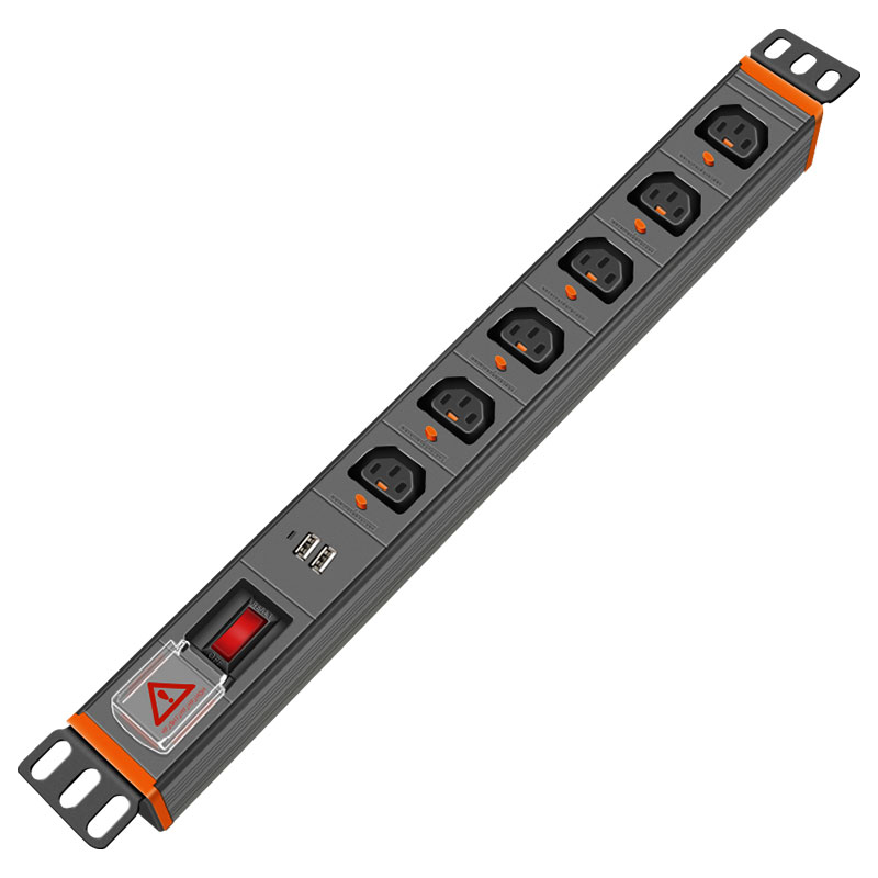 1U铝合金6位C13防脱带双USB+过载