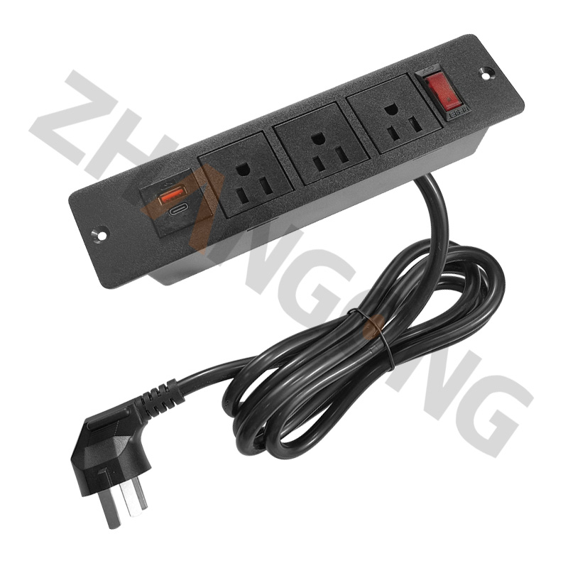 方形暗装3位美标配翘板过载开关带1USB+1快充Type-C黑色