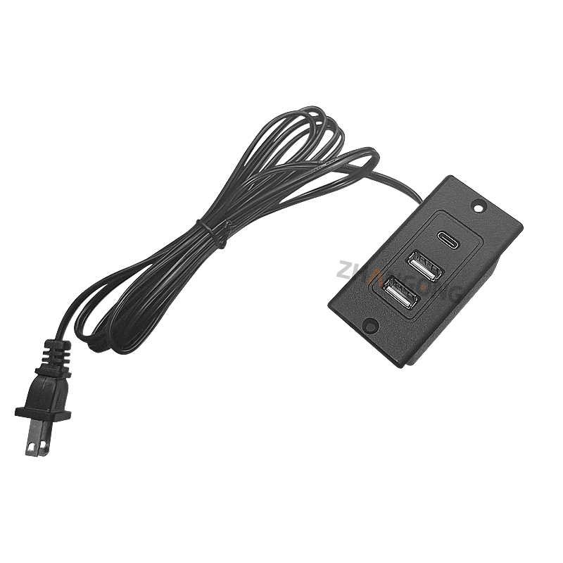 方形2USB+1TYPEC插座 美标电源线 黑色