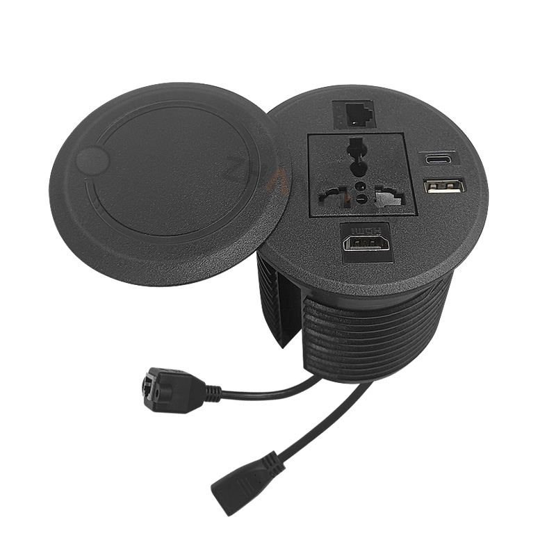 圆形带盖一位万能插座+1USB 1TYPEC+网口+HDMI 黑色