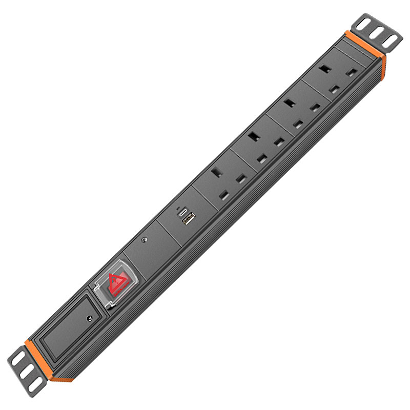 1U机柜PDU排插4位英规带1USB+1TYPE-C+防雷+过载带接线盒黑色